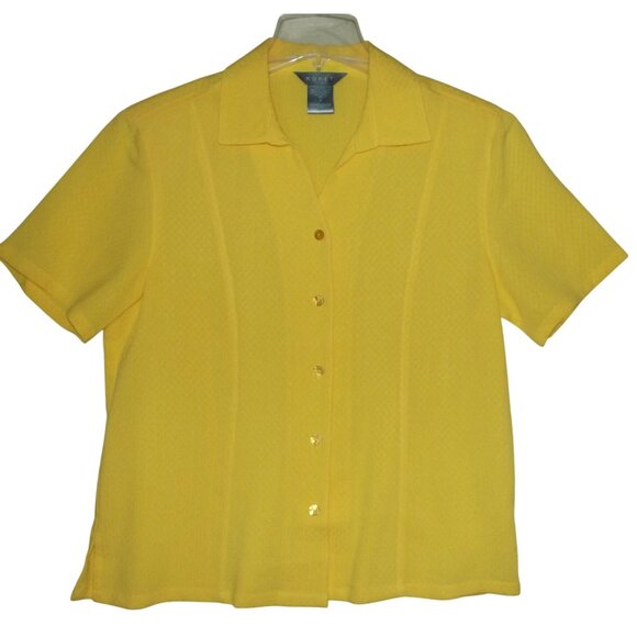 Koret Shirt Womens Medium button down Yellow Gold blouse short sleeve v-neck - Picture 1 of 9